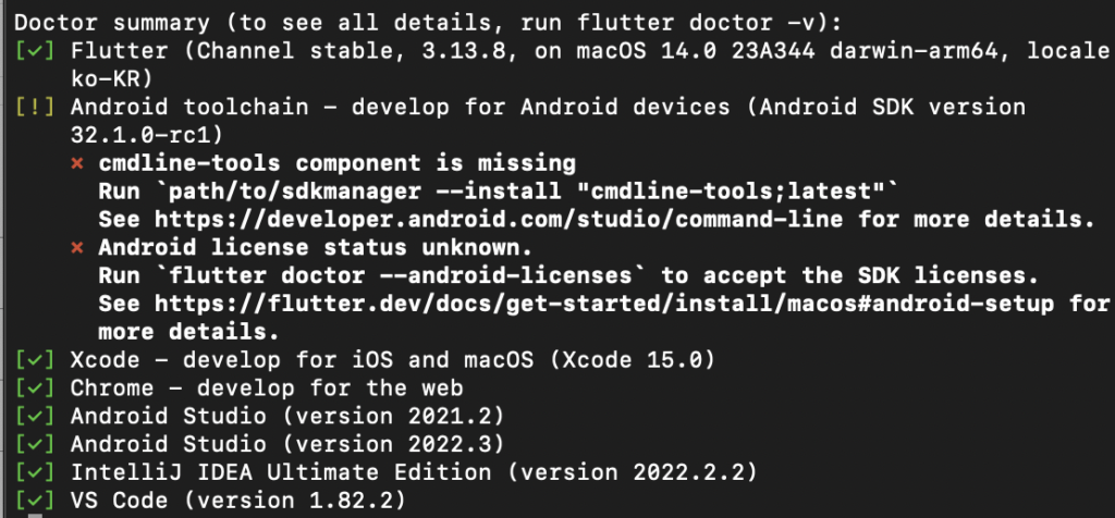 플러터 닥터 (flutter doctor) 실행 모습